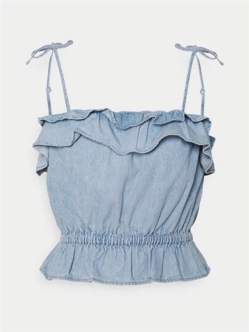 American Eagle Light Blue Ruffle Tie-Shoulder Denim Tank Top